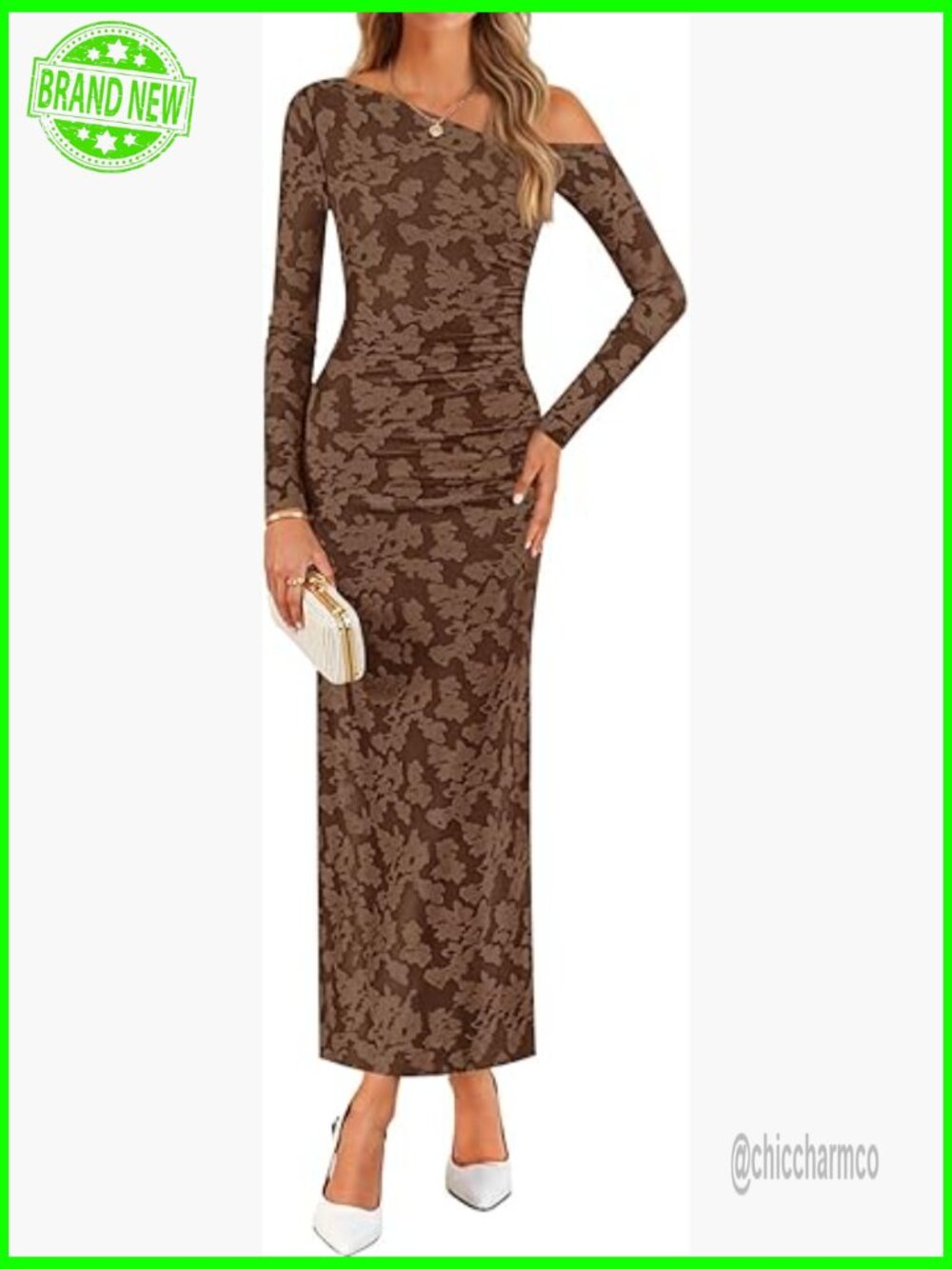 Long Sleeve Off Shoulder Bodycon Maxi Dress Floral Ruching Cocktail Party